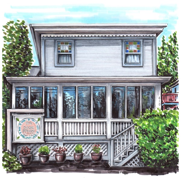 High quality art print of an original pencil and marker illustration of 410 bank street restaurant in cape May New Jersey shore art