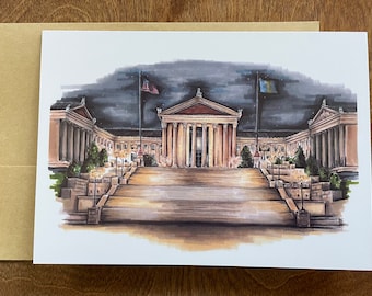Tarjeta de felicitación de 5 "x7" con el museo de arte de Filadelfia por la noche Escalones rocosos de Filadelfia