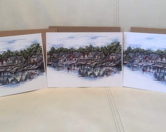 Pack of 3 pencil and marker illustration of Philadelphia’s iconic boathouse row 5”x7” philly notecards blank inside philly art stationary