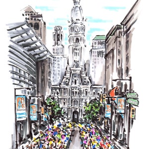 quality art print of an illustration the iconic Philadelphia broad street run the greatest 10 phillys city hall runners on broad street art