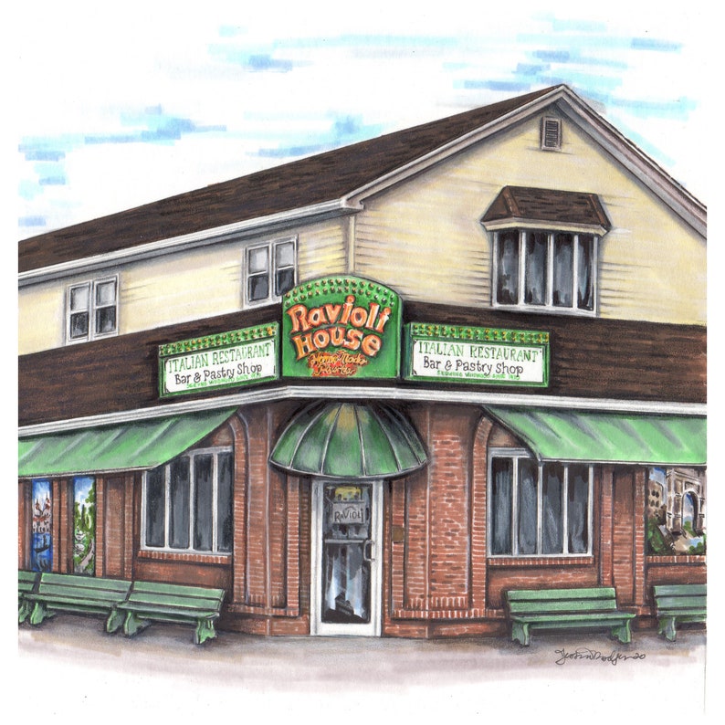 May include: A hand-drawn illustration of a brick building with a green awning and a sign that reads "Ravioli House". The sign is lit up with yellow lights. The building has a brown roof and a yellow facade. There are two windows on the left side of the building and a larger window on the right side. The building has a green awning over the entrance. The sign reads "Italian Restaurant Bar & Pastry Shop".