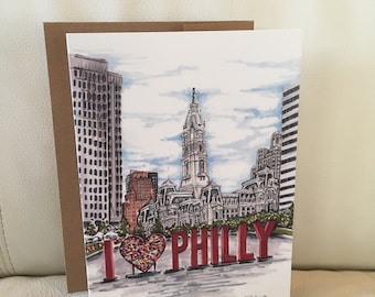 One 5”x7 “I love Philly” valentine card blank inside greeting card with brown craft envelope love card friendship card leaving philly card