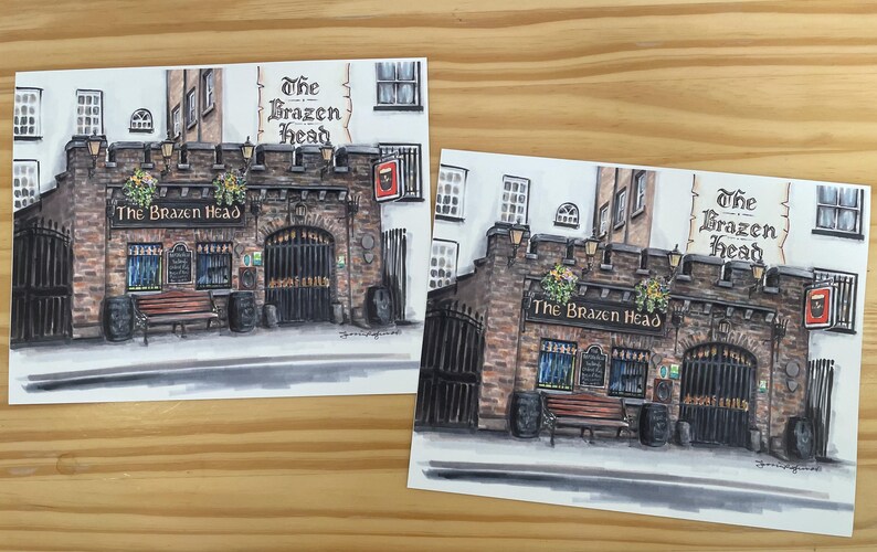 Wysokiej jakości wydruk artystyczny wykonany ołówkiem i markerem, przedstawiający najstarszy pub w Irlandii w Dublinie, historyczny i wyjątkowy pub, dzień św. Patryka, irlandzką sztukę Guinnessa zdjęcie 2