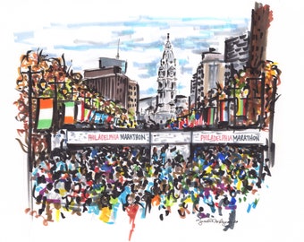 High quality art print of an original pencil and marker illustration of the Philadelphia marathon start line philly city hall 26.2 run art