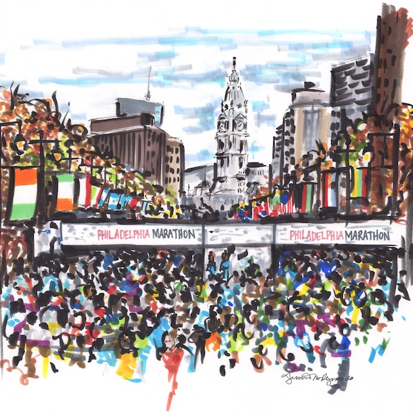 High quality art print of an original pencil and marker illustration of the Philadelphia marathon start line philly city hall 26.2 run art