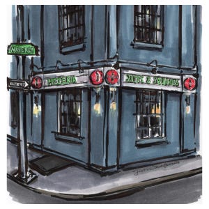 May include: A marker and ink illustration of a blue corner building featuring a sign that reads Pizzeria Slices & Squares. A green street sign labeled Waverly is attached to a pole on the left. The building has multiple windows and lights.