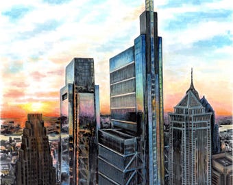 High quality art print of an original pencil and marker illustration of the Philadelphia skyline at sunset featuring the Comcast buildings