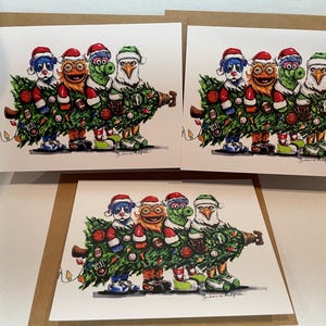 Paquete de 3 tarjetas navideñas con las mascotas de Filadelfia que incluyen a Swoop, Phanatic Gritty y Franklin, una tarjeta perfecta para el arte del fútbol de los fanáticos de los deportes de Filadelfia