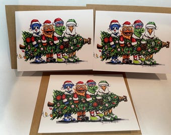 Pack of 3 Philly mascots Christmas card featuring swoop, Phanatic gritty and Franklin perfect card for Philadelphia sports fan football art