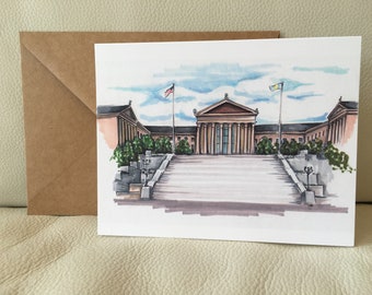 4 Pack Greeting cards original pencil and marker illustration Philadelphia art museum unique philly art notecard with brown craft envelope
