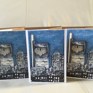 Pack de 3 tarjetas de felicitación de horizonte de Filadelfia de 5"x7" en blanco en el interior para cualquier ocasión, el corazón de Comcast luces philly cityscape card uno de un tipo
