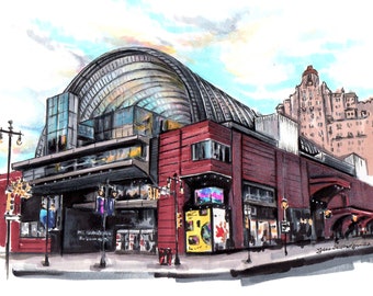 High quality art print of an illustration of Phillys Kimmel Center of performing arts with colorful sky and phillys Drake one and only