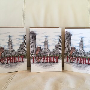 3er-Pack "I love Philly" 13x18 grußkarten zum Valentinstag mit einer originalen Bleistift- und Marker-Illustration von Phillys Liebespark