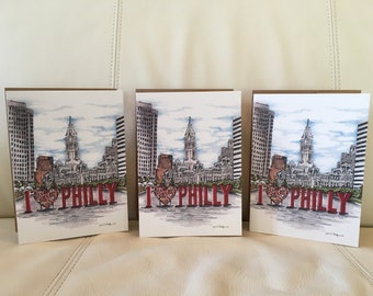 Pack of 3 “I love Philly” 5”x7” Valentine’s Day greeting cards featuring an original pencil and marker illustration of Philly’s love park