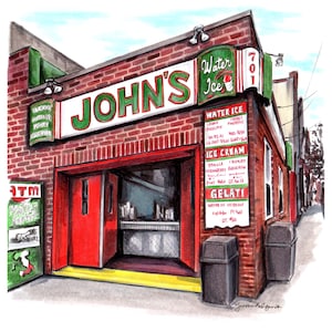 High quality art print of an original pencil and marker illustration of Philadelphia’s iconic john’s water ice in the Italian market wooder