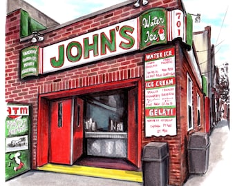 High quality art print of an original pencil and marker illustration of Philadelphia’s iconic john’s water ice in the Italian market wooder