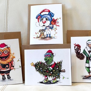 Pacote de 4 cartões de Natal do mascote da Filadélfia corajoso Phanatic swoop Franklin phillys arte do mascote esportivo Cartão de Natal Flyers eagles sixers art