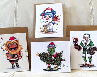 Pack of 4 Philadelphia mascot holiday cards gritty Phanatic swoop Franklin phillys sports mascot art Christmas card Flyers eagles sixers art