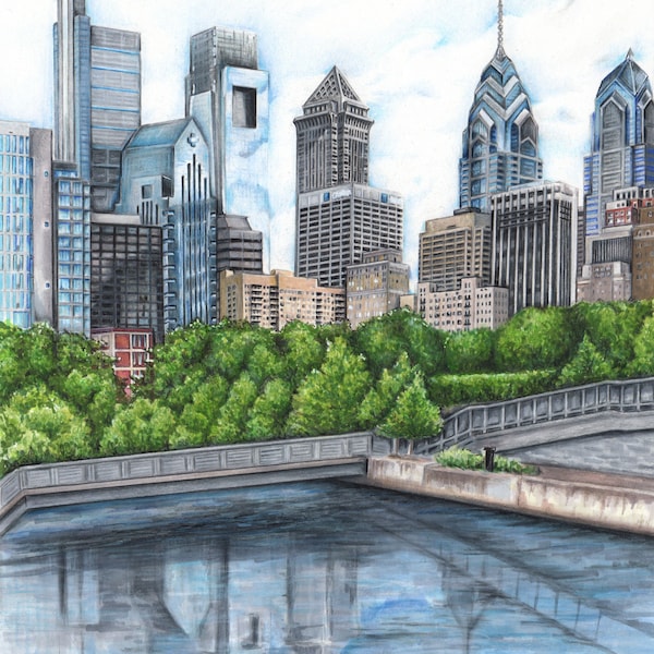 Impression d’art haut de gamme d’une illustration au crayon de l’art mural de l’architecture de l’horizon de Philadelphie Dessin au crayon de couleur de l’art de Philadelphie du ciel de la ville