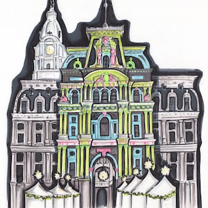 High quality art print of an original pencil and marker illustration of Philadelphia city hall during the Christmas light show Philly lights