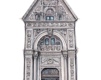 Kunstdruck der originalen Bleistift-Marker-Illustration der detaillierten Fassade des historischen Witherspoon-Gebäudes in Philadelphia