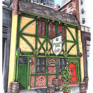 May include: A green and yellow building with a sign that reads "Fergie's Pub" and a red door. There are barrels in front of the building.