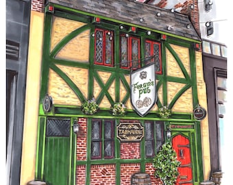 High quality art print of an original pencil and marker illustration of Philadelphia’s Fergies pub on sansom st iconic Philly bar