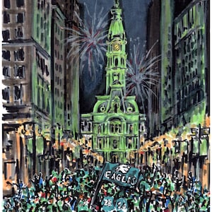 Print of Eagles Super Bowl win celebration on broad street in front of glowing green city hall