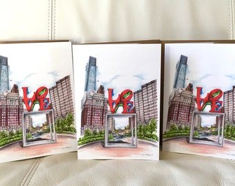 Pack of 3 Greeting card art from original pencil and marker illustration of Philadelphia’s love park philly art on the front blank inside