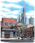 High quality art print of an original illustration of the iconic Philadelphia Cherry Street Tavern with the Philly skyline background