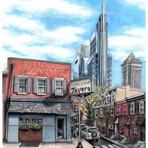 May include: A watercolor illustration of a brick building with a sign that reads "Cherry Street Tavern". The building is on a street corner with other buildings in the background. The sky is blue with white clouds.