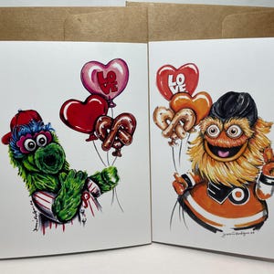Pacote com 2 1 cartão de balões de amor corajoso e 1 cartão de balão de amor Phanatic Cartões de felicitações para fãs de mascote esportivo da Filadélfia