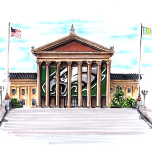 Hochwertiger Kunstdruck einer Original Bleistift und Marker Illustration des Philadelphia Art Museum mit Adlern Banner für Super Bowl LVII
