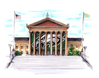 High quality art print of an original pencil and marker illustration of the Philadelphia art museum with eagles banner for Super Bowl LVII