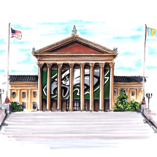 High quality art print of an original pencil and marker illustration of the Philadelphia art museum with eagles banner for Super Bowl LVII