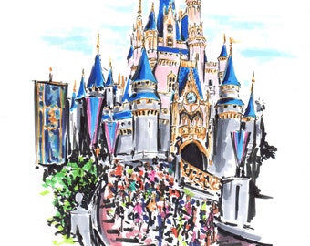 ウォルトディズニー 絵 ディズニーワールドマラソンとシンデレラ城の前を走るランナーを