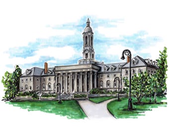 Impresión artística de alta calidad de una ilustración original con marcador del antiguo edificio principal de Penn State. Arte de Penn State.