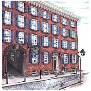May include: A watercolor illustration of a brick building with blue shutters and a sign that reads "Old St. George's  Methodist Church  Established 1769".