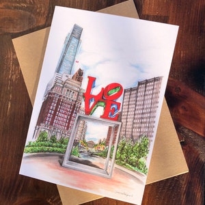 Greeting card with artwork from an original pencil and marker illustration of Philadelphia’s love park philly art on the front blank inside