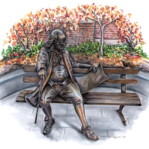 High quality art print of an original pencil and marker illustration of Philadelphia’s Ben on the Ben located on the UPenn campus U of Penn