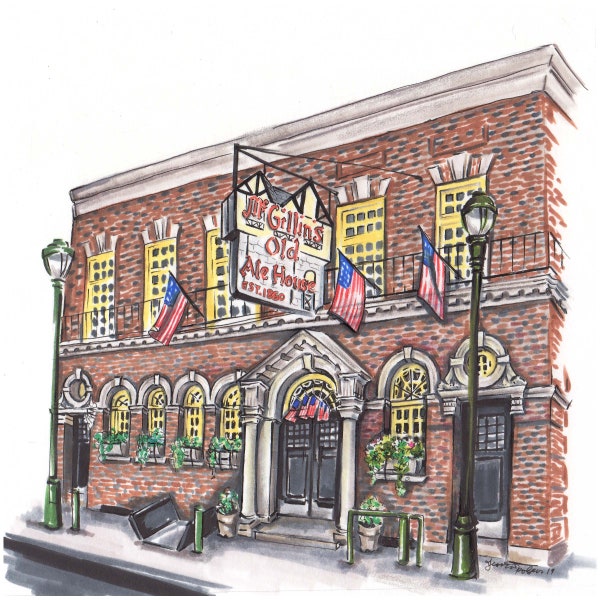 High quality art print of an original pencil and marker illustration of Philadelphia’s historic Mcgillins old ale house philly art iconic