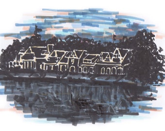 May include: A black and white ink drawing of a row of houses with a dark sky behind them. The houses have pointed roofs and windows. The sky is filled with horizontal lines.