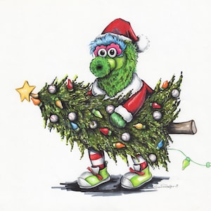 Hoge kwaliteit kunstafdruk van een originele potlood- en stiftillustratie van Philadelphia's Phillies Phanatic Phillys favoriete mascotte