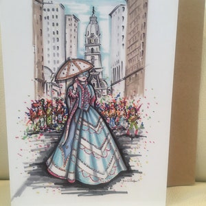 1 carte 5x7 avec une illustration de la carte de Joyeux Nouvel An des mamans de Philadelphie rien ne dit le Nouvel An comme le défilé des momies de Philadelphie