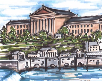 High quality art print of an original pencil and marker illustration of Philadelphia’s art museum and philly water works philly view art