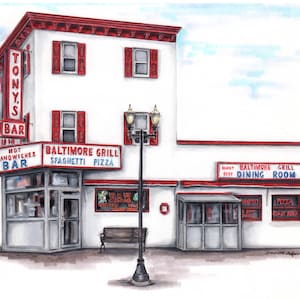 High quality art print of an original pencil and marker illustration of A.C’s Tony’s Baltimore Grill an iconic place in Atlantic City pizza
