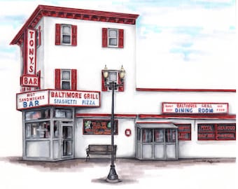 art print of an original pencil and marker illustration of A.C’s Tony’s Baltimore Grill an iconic place in Atlantic City pizza