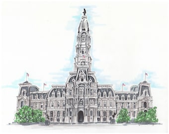 High quality art print of original pencil and marker illustration Philadelphia’s city hall gallery wall art Philly architecture unique