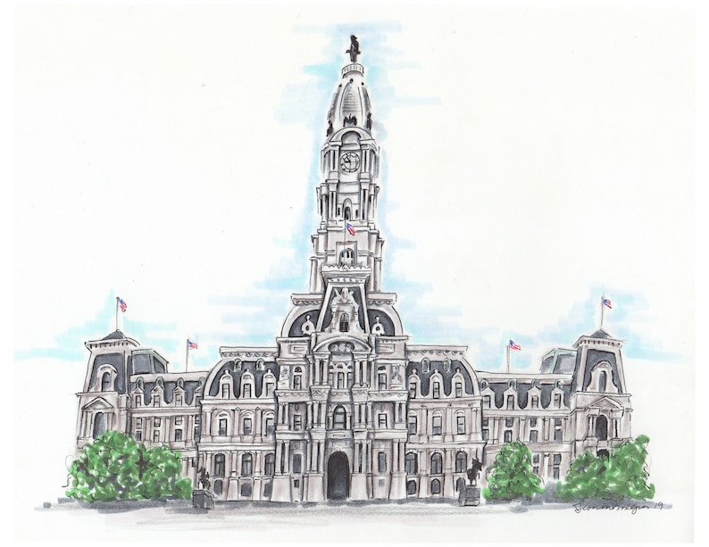High quality art print of original pencil and marker illustration Philadelphia\u2019s city hall gallery wall art Philly architecture unique