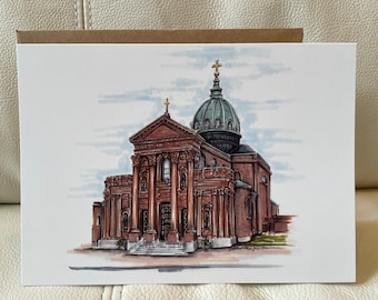 One 5”x7” greeting card of an illustrated image of cathedral Basilica of St. Peter’s and Paul on the parkway of Philadelphia Philly church